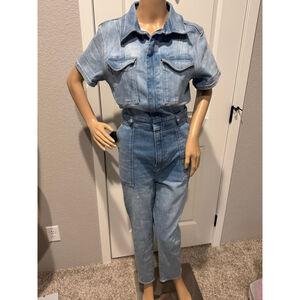 Women's GOOD AMERICAN Blue Denim Short Sleeve stretch denim Jumpsuit XL